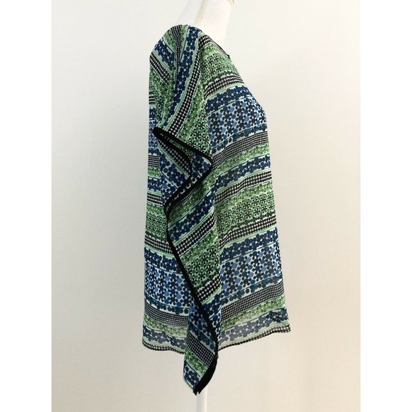 NWT Calvin Klein Chiffon Caftan Blouse XS Green Blue Geometric Tunic Top Keyhole - Picture 5 of 12